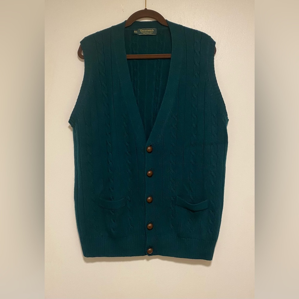 Teal Button Down Cable Knit Vest 100% Merino Wool